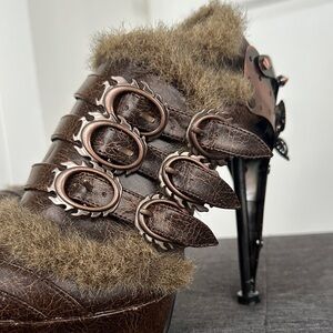 Hades Goth Steampunk Brown Heeled Boots, with Fur-Lining, Buckles & Butterflies